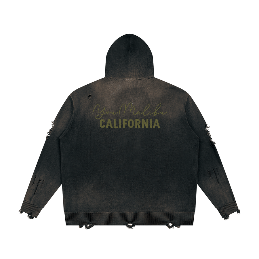 YouMalibu - Unisex Distressed Full Zip Sweater