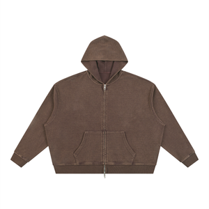 YouMalibu - Unisex Vintage Wash Boxy Waffle Full Zip Hoodie