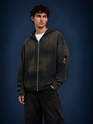 YouMalibu - Unisex Distressed Full Zip Sweater