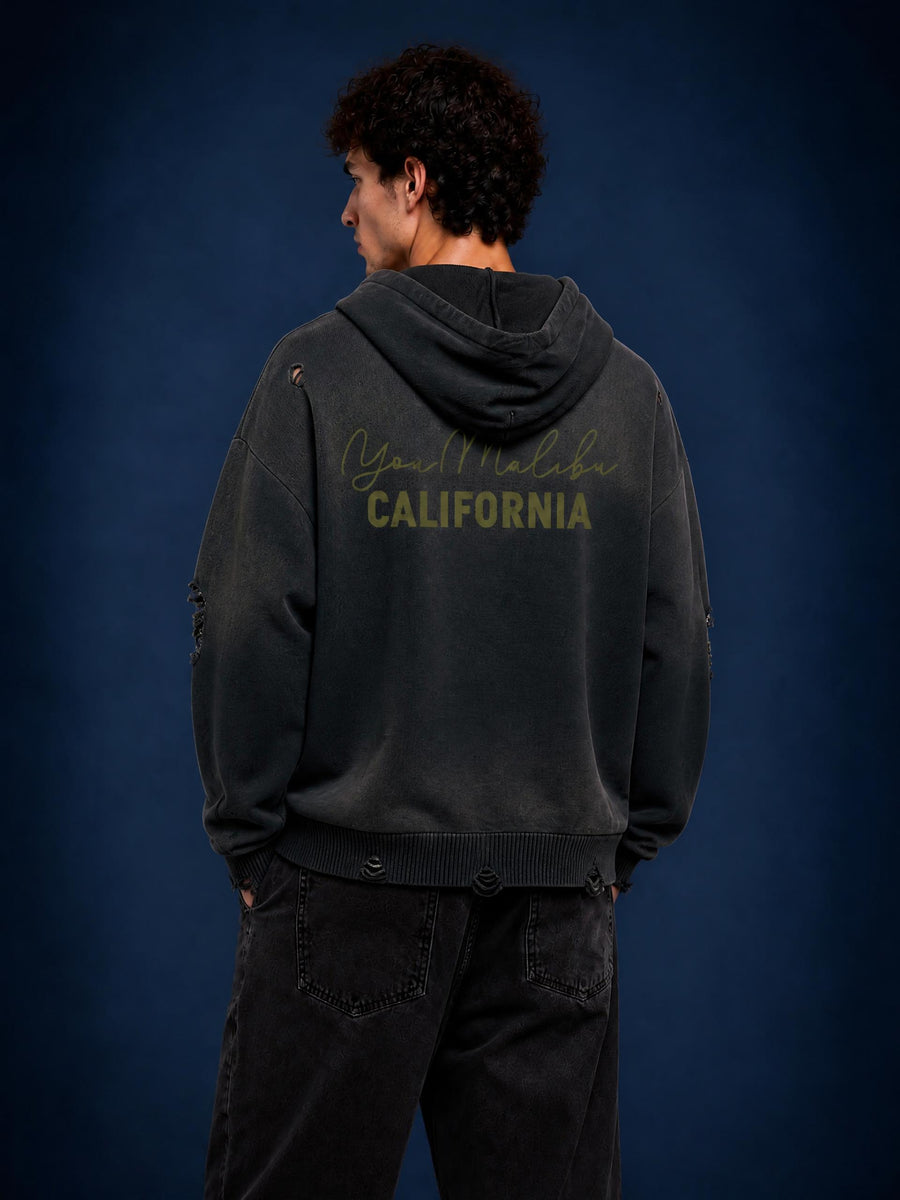 YouMalibu - Unisex Distressed Full Zip Sweater